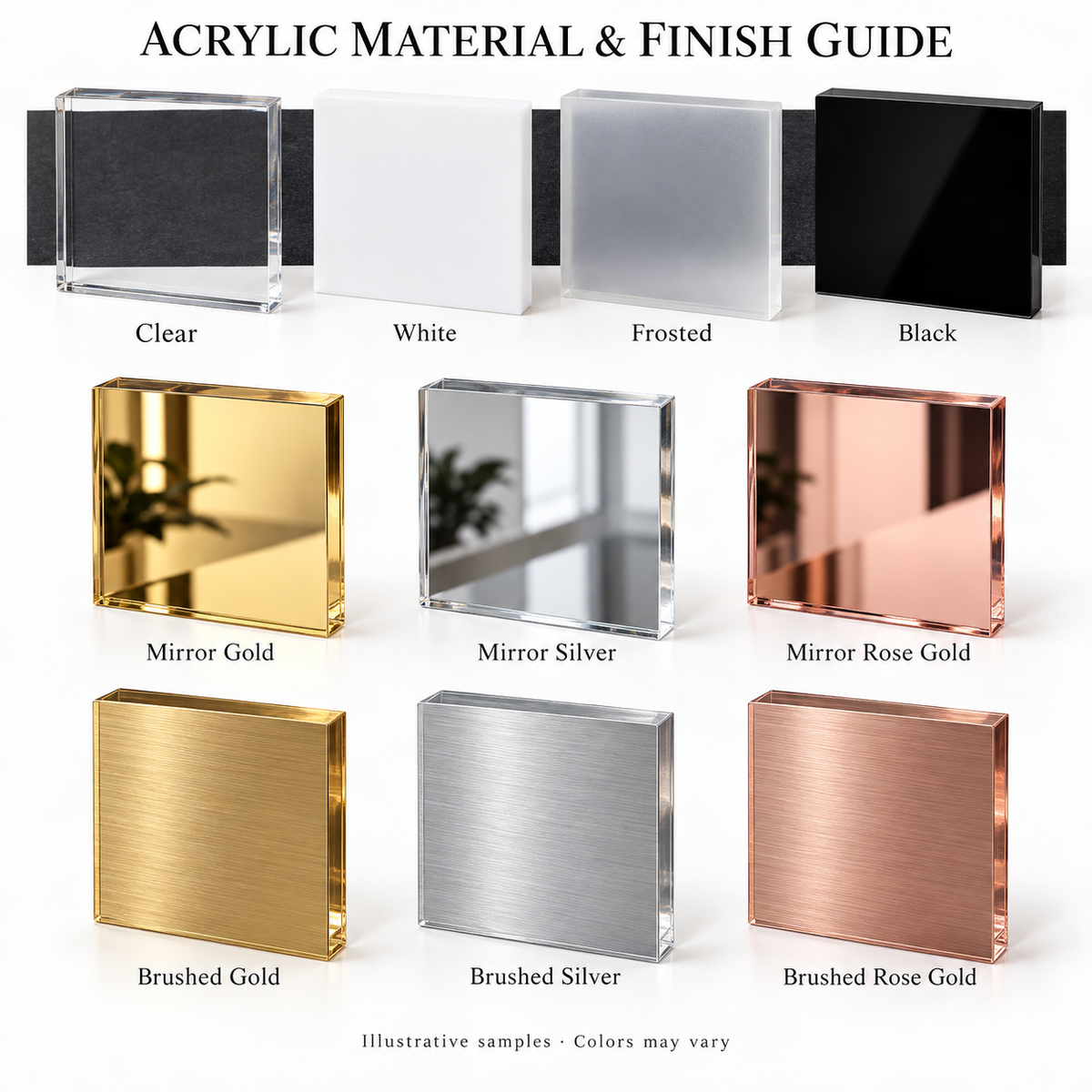 Illustrative acrylic backing, mirror and brushed finish samples