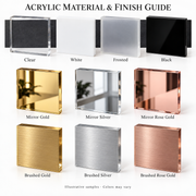 Illustrative acrylic backing, mirror and brushed finish samples