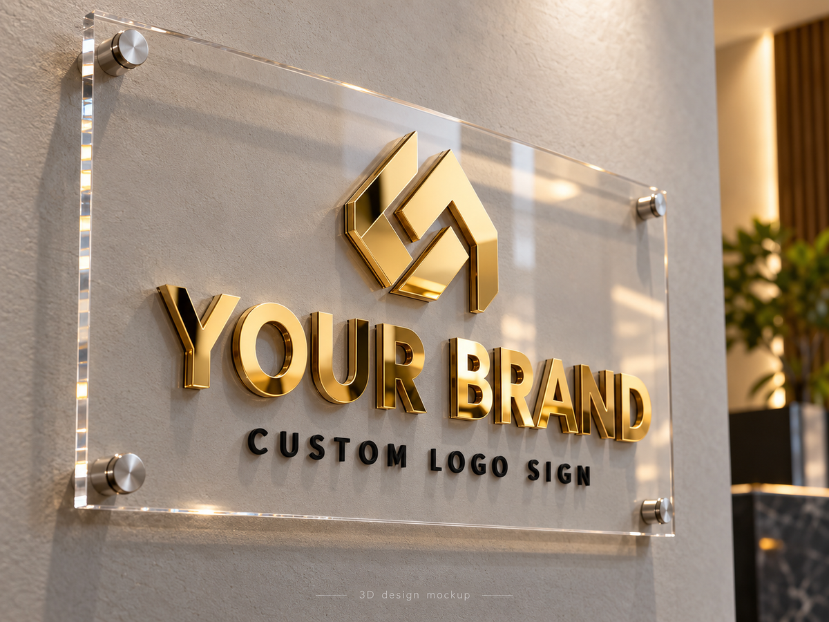 Illustrative layered 3D mirror gold acrylic logo sign with raised lettering on clear acrylic backing